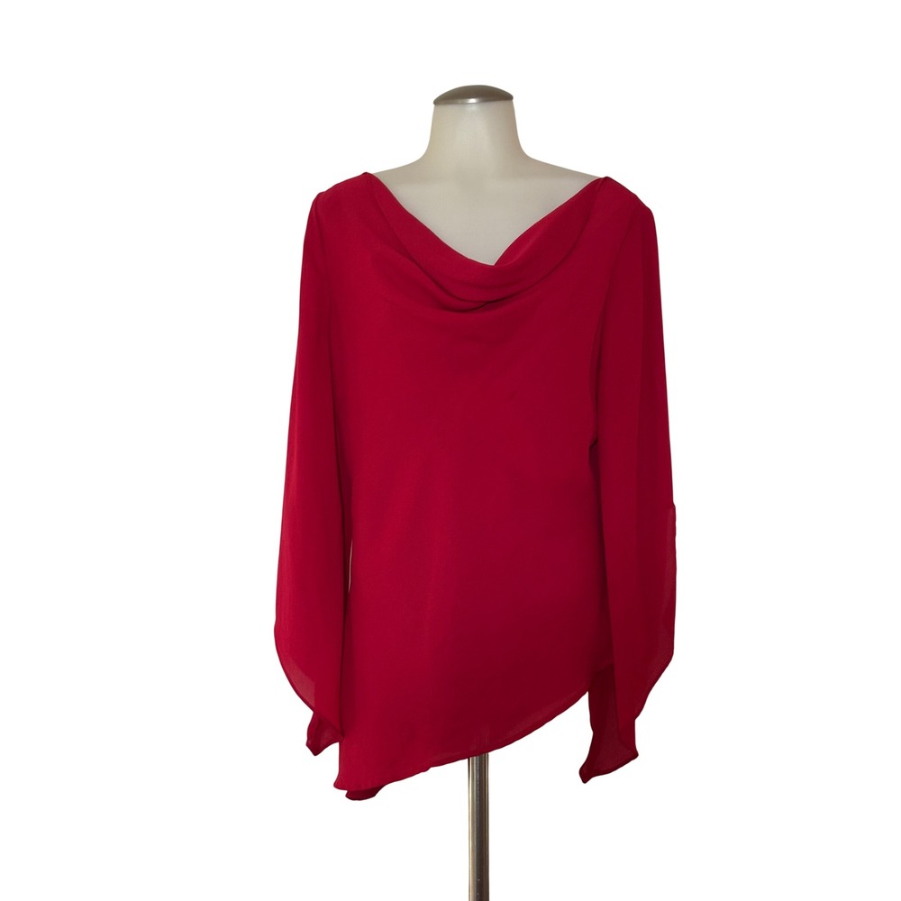 Praise Hymn Blouse Womens Medium Red Cowl Neck Asymmetrical Hem Excellent